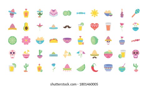 mexican culture icon set over white background, flat style, vector illustration