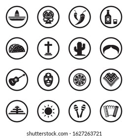 Mexican Culture Icons. Black Flat Design In Circle. Vector Illustration.