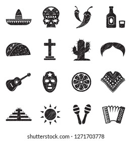 Mexican Culture Icons. Black Scribble Design. Vector Illustration.