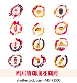 Mexican Culture Icons on colorful backgrounds, sombrero, pepper, actus, skull.