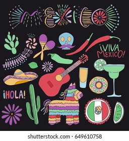 Mexican culture icons set, Cartoon design of Mexico symbols, vector illustration