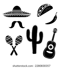 mexican culture icons set, cinco de mayo festival, silhouette symbols, set of black vector design elements