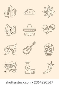 Mexican culture icons set on light background. Day of the Dead