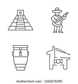 Mexican culture linear icons set. Cinco de Mayo festival. Mexican pyramide, guitar player, conga drum, pinata. Thin line contour symbols. Isolated vector outline illustrations. Editable stroke