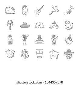 Mexican culture linear icons set. Cinco de Mayo festival. Traditional Mexican food, musical instruments, people, fun. Thin line contour symbols. Isolated vector outline illustrations. Editable stroke