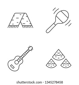 Mexican culture linear icons set. National clothes, music, food. Serape, maraca, guitar, nachos. Thin line contour symbols. Isolated vector outline illustrations. Editable stroke