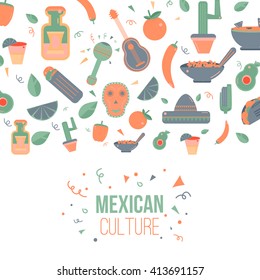 Mexican culture logo for labels, emblems and badges, set of vector design elements. Sombrero and maracas, mexican guitar, tequila bottle, taco logo.