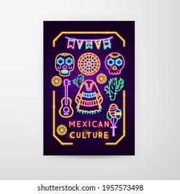 Mexican Culture Neon Flyer. Vector Illustration of Industry Promotion.