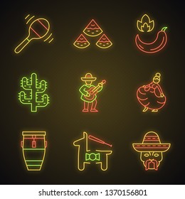 Mexican culture neon light icons set. Latin American national music, dance, food, nature, fun, people. Cinco de Mayo festival. Glowing signs. Vector isolated illustrations