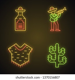 Mexican culture neon light icons set. National drink, music, clothes, plant. Tequila, musician with trumpet, poncho, saguaro cactus. Glowing signs. Vector isolated illustrations