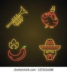 Mexican culture neon light icons set. Hispanic music, food, people, dance. Trumpet, woman dancer, hot chili pepper, head with mustache and sombrero. Glowing signs. Vector isolated illustrations