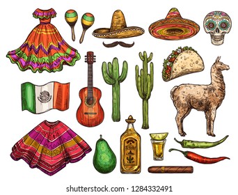 Mexican culture sketch symbols, Cinco de Mayo celebration. Vector icons of Mexican sombrero, flag or poncho and tequila with chili pepper jalapeno, taco or avocado and maracas or fiesta dress