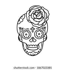 Mexican culture, the skull with flower on a white background. Outline. Coloring book for adults. Vector illustration.