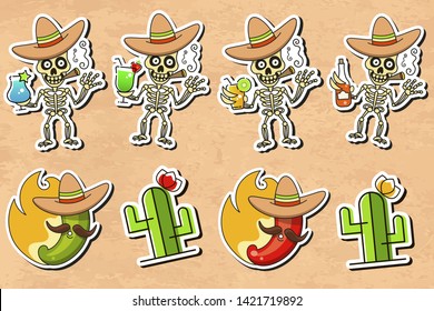 Mexican Culture Sticker Vector Illustration On Vintage Background