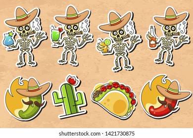 Mexican Culture Sticker Vector Illustration On Vintage Background