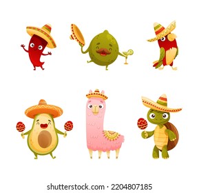 Mexican Culture Symbols with Cute Avocado, Lime, Turtle and Llama in Sombrero Hat Playing Maracas Vector Set