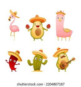 Mexican Culture Symbols with Cute Avocado, Cactus and Llama in Sombrero Hat Playing Maracas Vector Set