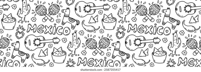 Mexican culture symbols doodle pattern. Guitar, maracas, cactus, pinata and guacamole. Mexican tradition musical instruments and food. Cinco de Mayo celebration background. Vector outline illustration