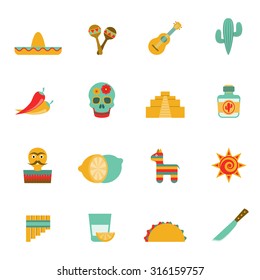 Mexican culture symbols flat icons set with tequila cocktail and hot chili peppers abstract isolated vector illustration