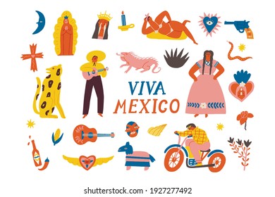 Mexican culture symbols funky set of graphics with traditional dressed people, catholic religion symbolic, food and animals