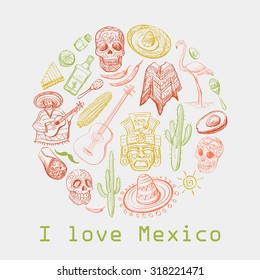 Mexican culture symbols- guitar, sombrero, tequila, taco, skull, aztec mask, music instruments. Isolated national elements made in vector. With text I love Mexico