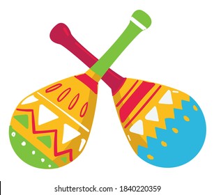 Mexican culture and symbols, isolated maracas musical instrument. Maraca decorated with ornaments and geometric shapes. Cultural signs and souvenirs from trip, cinco de mayo, vector in flat style