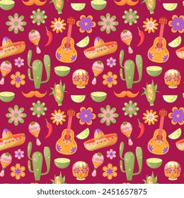 Mexican culture symbols seamless pattern. Cinco de Maya. Vector illustration