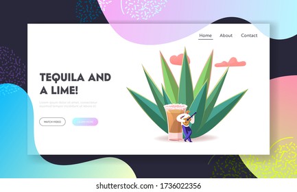 Mexican Culture Tourism, Latin Landmark Landing Page Template. Tiny Male Character Wearing Sombrero Playing Guitar at Huge Agave Azul Plant and Tequila Shot, Cinco de Mayo. Cartoon Vector Illustration