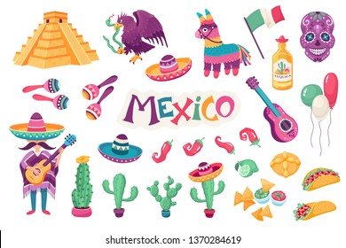 Mexican culture traditional symbols collection. Sombrero with guitar,  maracas, cactus and jalapeno vector illustration  isolated on white background. Mexican food. Skull and dead bread.