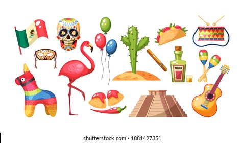 Mexican culture traditional symbols collection. Traditional: Mayan pyramid, musical instruments, guitar, maracas, cactus, food, taco and pinata, tequila, flamingo, games, flag, skull masks vector
