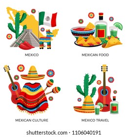 Mexican culture traditions food 4 colorful icons concept with cactus guitar poncho tequila tacos isolated vector illustration 