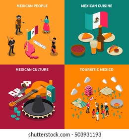 Mexican culture traditions and national spicy cuisine for travelers 4 isometric icons square poster isolated vector illustration 