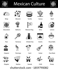 Mexican Culture vector icon set, Cinco de Mayo federal holiday elements on white background, Sombrero and maracas Decoration Design, Mexico City Symbol