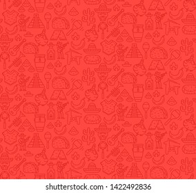 Mexican culture vector seamless pattern. Cinco de Mayo festival linear icons background. Traditional Mexican  food, musical instruments, clothes red texture. Latin America wallpaper, textile design