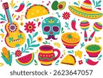 Mexican culture vector set with tacos, guacamole, guitar, chili, sombrero, and fiesta symbols. Perfect for celebrating Cinco de Mayo, Day of the Dead, or Mexican-themed events