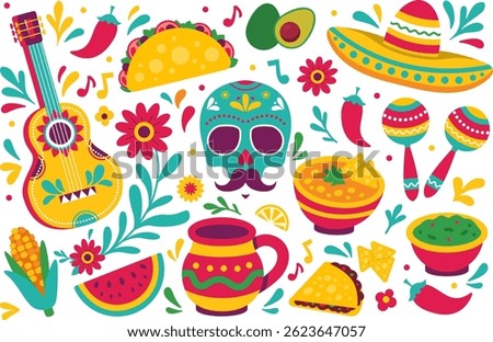 Mexican culture vector set with tacos, guacamole, guitar, chili, sombrero, and fiesta symbols. Perfect for celebrating Cinco de Mayo, Day of the Dead, or Mexican-themed events