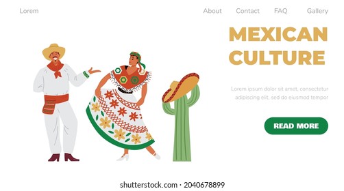 Mexican culture website banner for tourists traveling to Mexico, flat vector illustration. Web page template with man and woman dressed in national folk costumes.