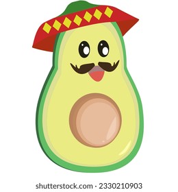 Mexican cute avocado cartoon with mustache for decorating menu or card with white background 