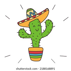 Mexican Cute Cacti With Sombrero. Doodle Style, Bright Colors
