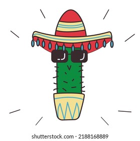 Mexican Cute Cacti With Sombrero And Sunglasses. Doodle Style, Bright Colors