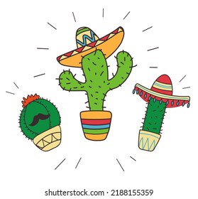 Mexican Cute Cactus With Mustache And Sombrero. Doodle Style, Bright Colors