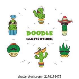 Mexican Cute Cactus With Mustache And Sombrero. Doodle Style, Bright Colors