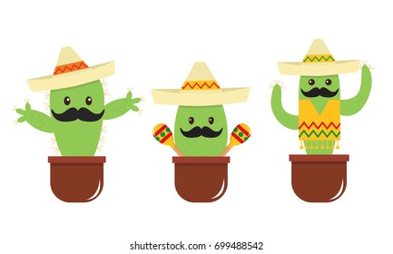 Mexican cute cartoon cactus with a mustache and sombrero. Flat style, bright colors. Funny face.