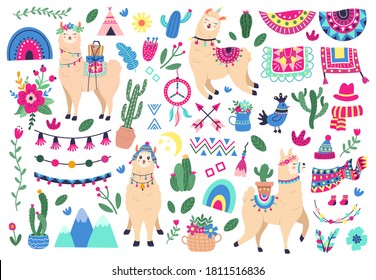 Mexican cute llamas. Llama and peruvian alpaca wildlife animals, funny llamas characters and Peru ethnic symbols vector illustration icons set. Succulents with flowers, mountains and rainbow