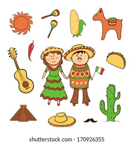 Mexican cute vector icons set, isolated on white