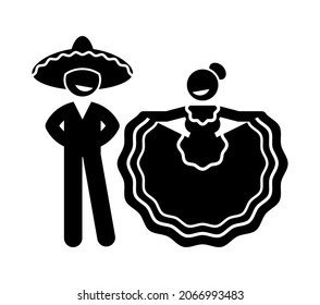 Icono de danza de pareja. Danza folclórica "Jarabe Tapatío". Bailarinas tradicionales mexicanas con vestidos típicos. Ilustración vectorial plana aislada en fondo blanco.