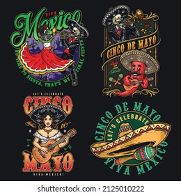 Mexican dance and music colorful vintage stickers set with dead musician playing trumpet, skeleton woman dancing, chili pepper in sombrero playing guitar, vector illustration