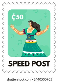 Mexican dancer, vibrant cultural attire, vector stamp illustration.