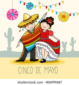 Mexican Dancers, greeting card for the  for cinco de mayo holiday, hand drawn vector illustration