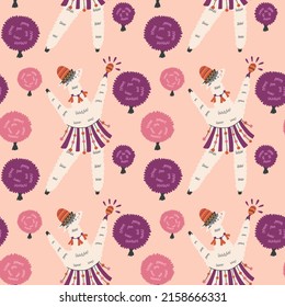 Mexican dancing llama among festival fluffy circles pattern. Alpaca character animal background hand drawn doodle naive vector art. Cute digital paper fabric textile wallpaper